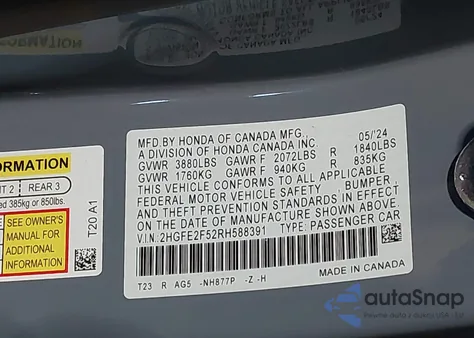 2024 Honda Civic Sport from USA, damaged, VIN 2HGFE2F52RH588391